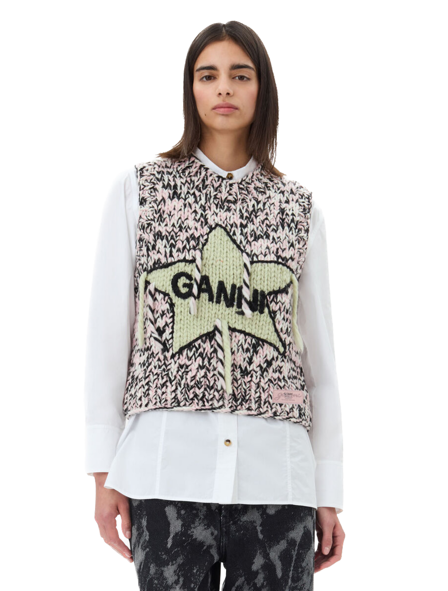 Ganni Pink Graphic Wool Handknit Vest